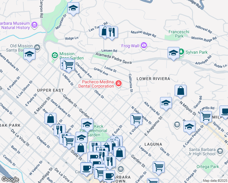 map of restaurants, bars, coffee shops, grocery stores, and more near 535 East Arrellaga Street in Santa Barbara