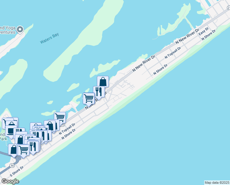 map of restaurants, bars, coffee shops, grocery stores, and more near North Topsail Drive in Surf City