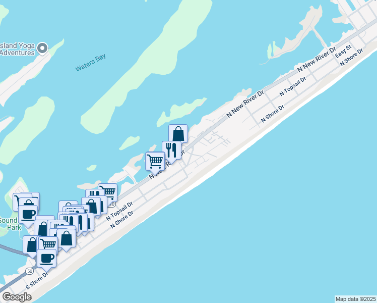 map of restaurants, bars, coffee shops, grocery stores, and more near 15 North New River C Drive in Surf City