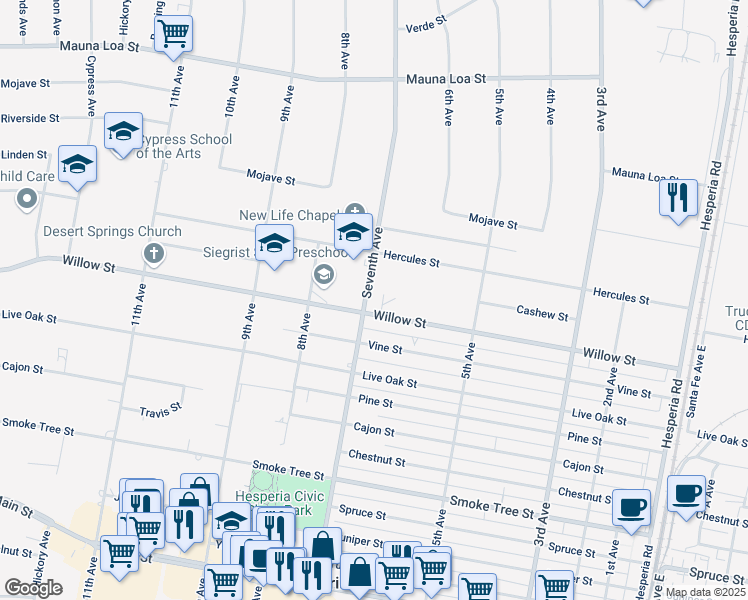 map of restaurants, bars, coffee shops, grocery stores, and more near Willow Street in Hesperia