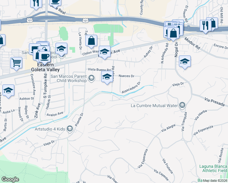 map of restaurants, bars, coffee shops, grocery stores, and more near 458 Arroyo Road in Santa Barbara