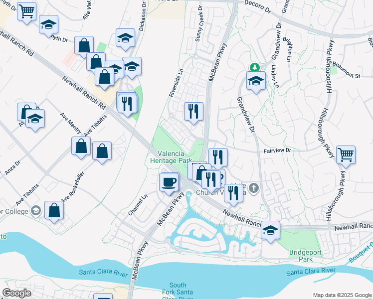 map of restaurants, bars, coffee shops, grocery stores, and more near 27261 Riverview Lane in Santa Clarita