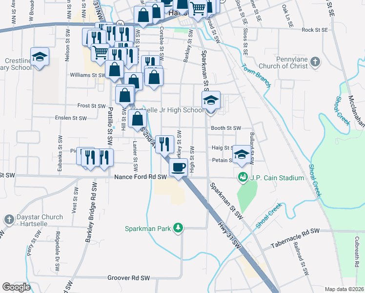 map of restaurants, bars, coffee shops, grocery stores, and more near 1110 Barkley Street Southwest in Hartselle
