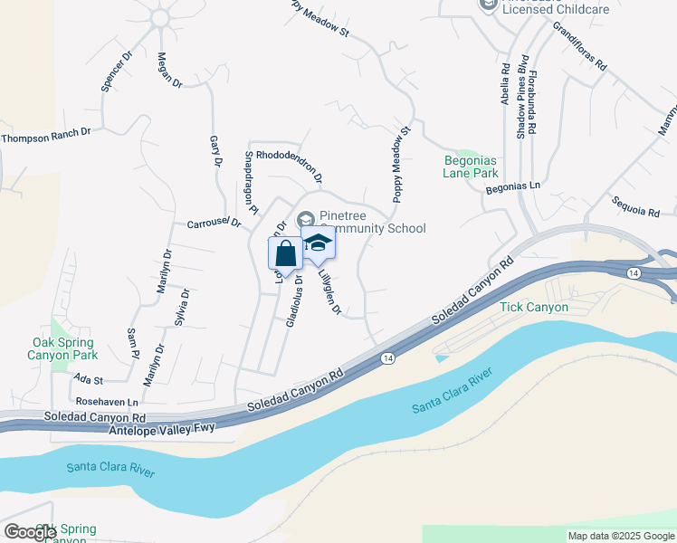 map of restaurants, bars, coffee shops, grocery stores, and more near 15257 Carla Court in Santa Clarita