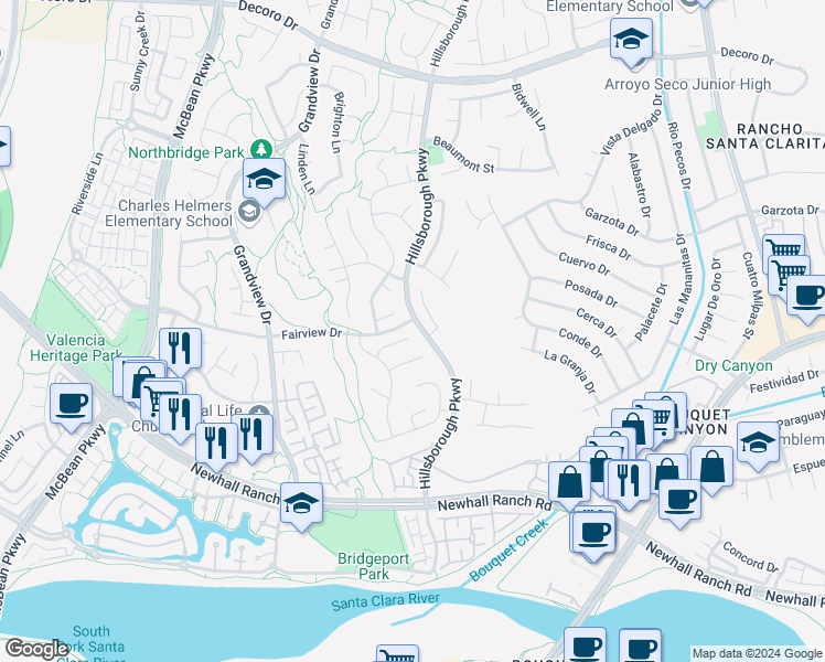 map of restaurants, bars, coffee shops, grocery stores, and more near 23401 Lane Court in Santa Clarita