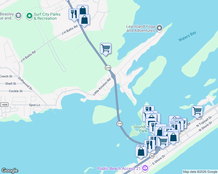 map of restaurants, bars, coffee shops, grocery stores, and more near 202 Waterway Lane in Surf City