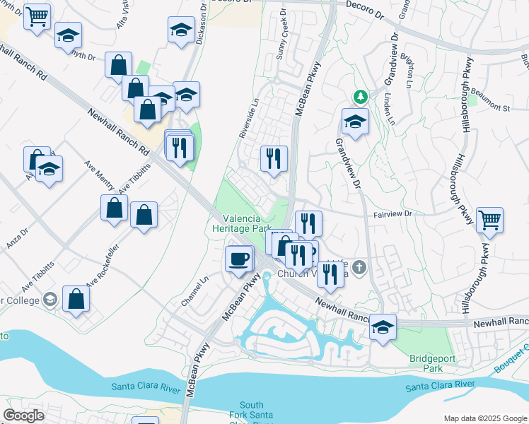 map of restaurants, bars, coffee shops, grocery stores, and more near 27261 Riverview Lane in Santa Clarita