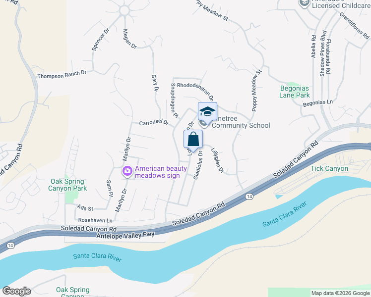 map of restaurants, bars, coffee shops, grocery stores, and more near 29058 Flowerpark Drive in Santa Clarita
