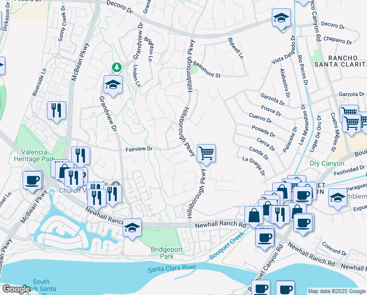map of restaurants, bars, coffee shops, grocery stores, and more near 23401 Lane Court in Santa Clarita