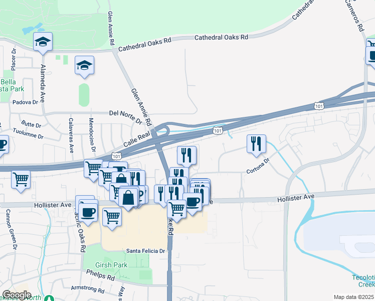 map of restaurants, bars, coffee shops, grocery stores, and more near 60 Cortona Point Drive in Goleta