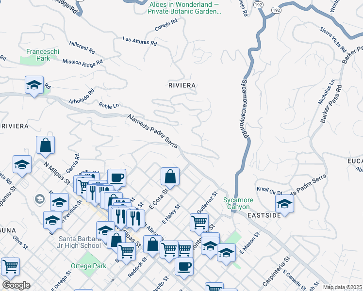 map of restaurants, bars, coffee shops, grocery stores, and more near 710 Alameda Padre Serra in Santa Barbara