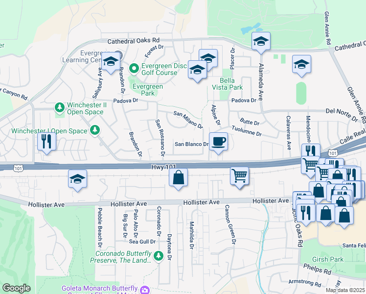 map of restaurants, bars, coffee shops, grocery stores, and more near 7449 San Blanco Drive in Goleta