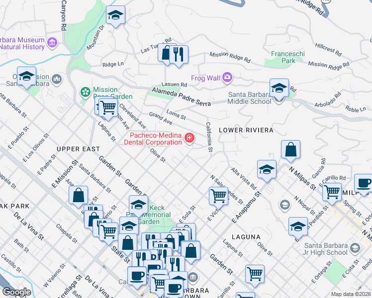 map of restaurants, bars, coffee shops, grocery stores, and more near 555 East Arrellaga Street in Santa Barbara