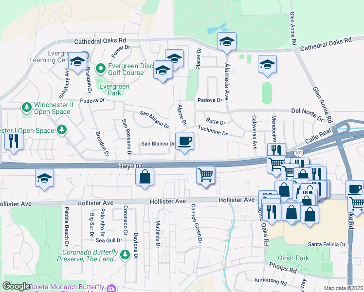map of restaurants, bars, coffee shops, grocery stores, and more near 31 Ellwood Station Road in Goleta