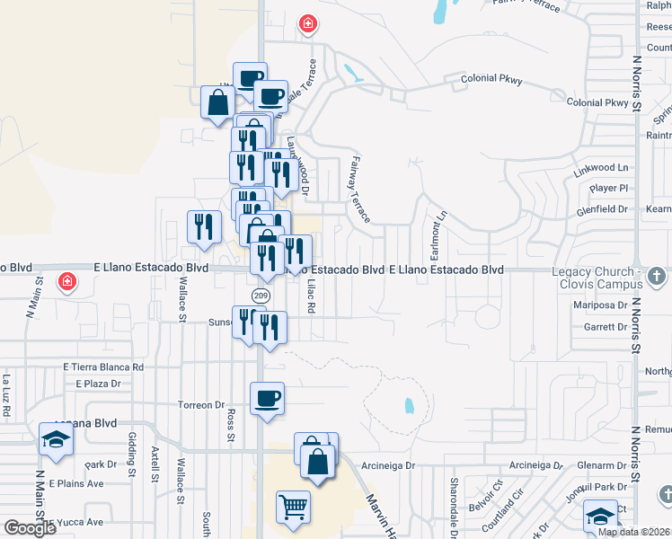 map of restaurants, bars, coffee shops, grocery stores, and more near 1088 East Llano Estacado Boulevard in Clovis