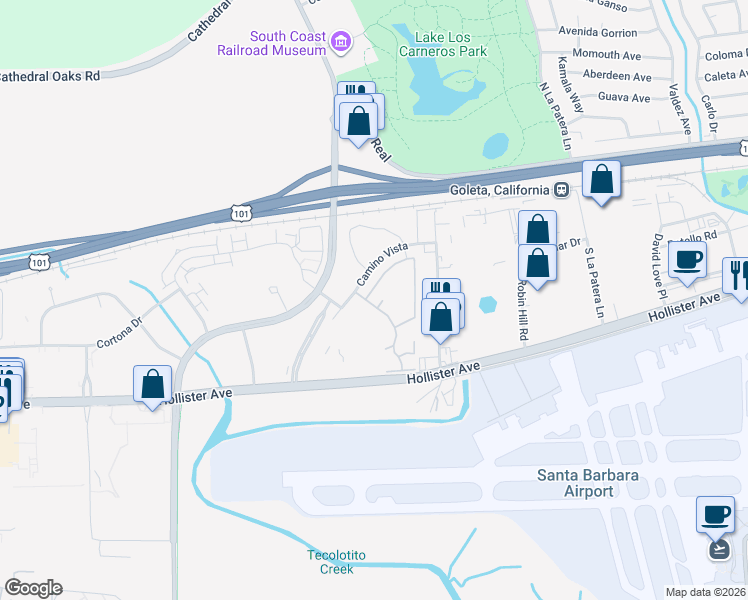 map of restaurants, bars, coffee shops, grocery stores, and more near 60 Willow Springs Lane in Goleta