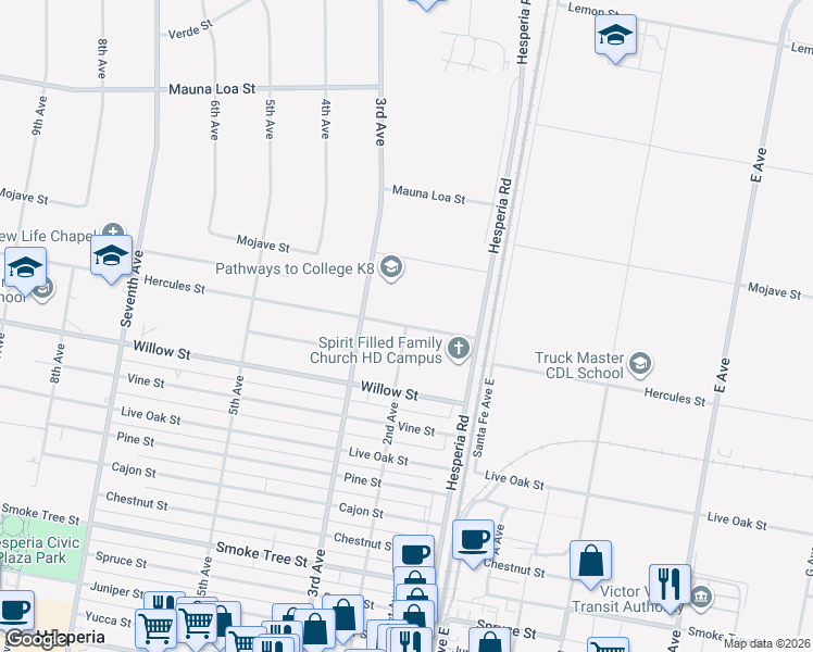 map of restaurants, bars, coffee shops, grocery stores, and more near Hercules Street in Hesperia