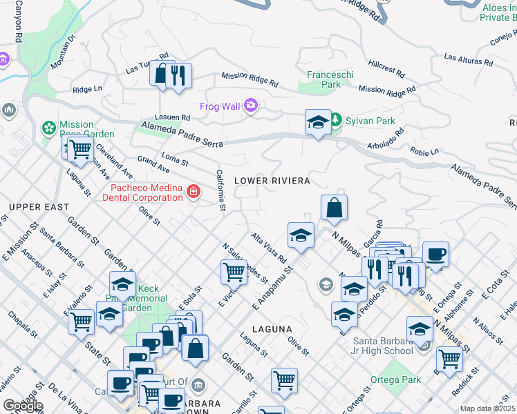 map of restaurants, bars, coffee shops, grocery stores, and more near 725 East Micheltorena Street in Santa Barbara
