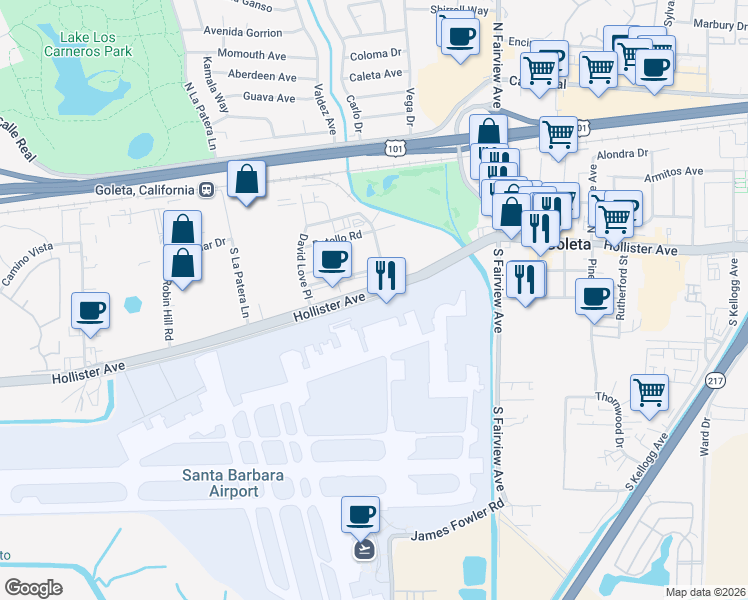 map of restaurants, bars, coffee shops, grocery stores, and more near 2 Andrew McFarland Place in Santa Barbara
