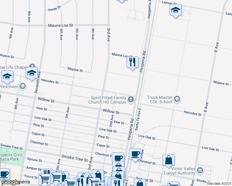 map of restaurants, bars, coffee shops, grocery stores, and more near Hercules Street in Hesperia