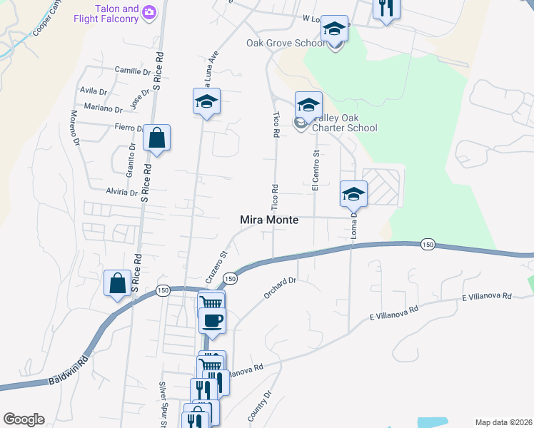 map of restaurants, bars, coffee shops, grocery stores, and more near 1211 Cruzero Street in Ojai