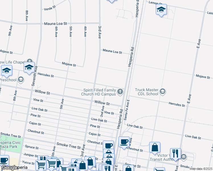 map of restaurants, bars, coffee shops, grocery stores, and more near 16560 Hercules Street in Hesperia