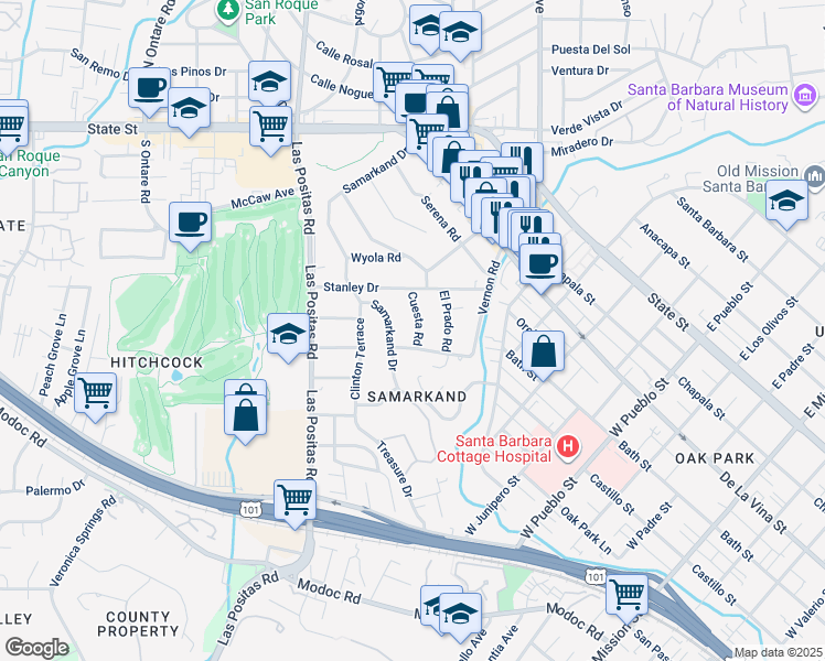 map of restaurants, bars, coffee shops, grocery stores, and more near 2736 Cuesta Road in Santa Barbara
