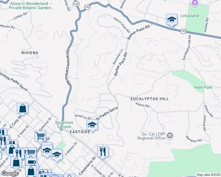 map of restaurants, bars, coffee shops, grocery stores, and more near 1870 Barker Pass Road in Santa Barbara