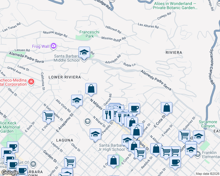 map of restaurants, bars, coffee shops, grocery stores, and more near 1000 Garcia Road in Santa Barbara