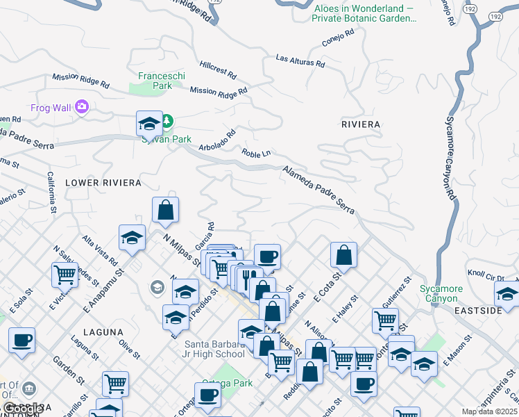 map of restaurants, bars, coffee shops, grocery stores, and more near 870 Paseo Ferrelo in Santa Barbara