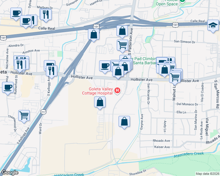 map of restaurants, bars, coffee shops, grocery stores, and more near in Goleta