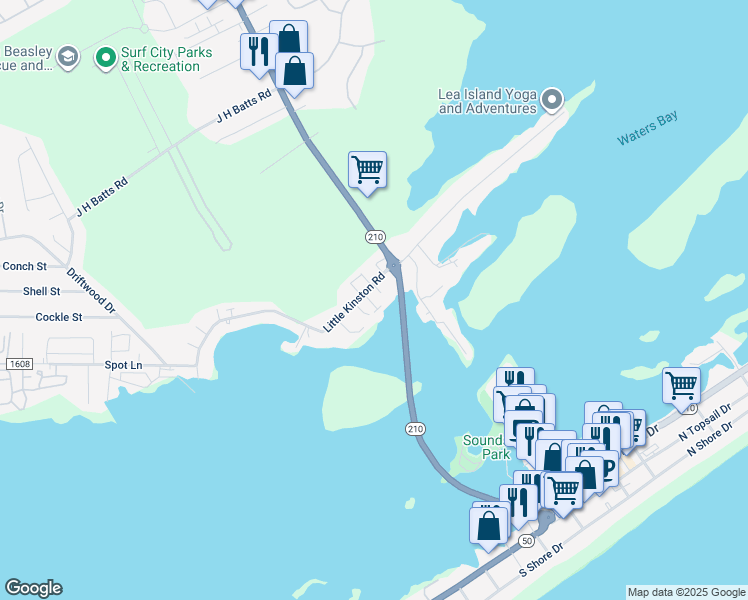 map of restaurants, bars, coffee shops, grocery stores, and more near 202A Bridgeview Court in Holly Ridge