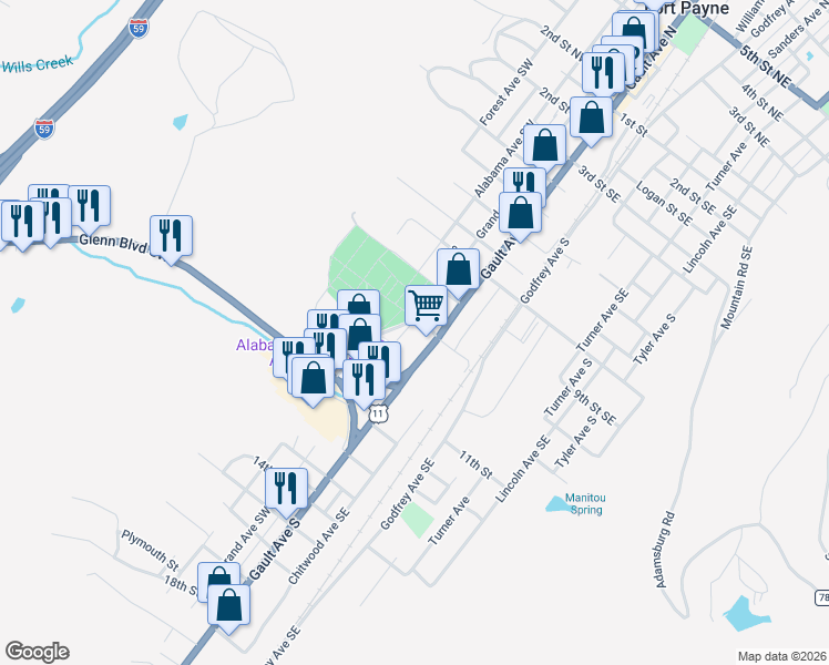 map of restaurants, bars, coffee shops, grocery stores, and more near 914 Gault Avenue South in Fort Payne