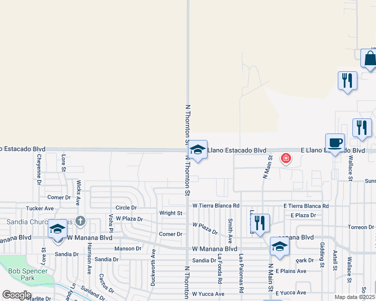 map of restaurants, bars, coffee shops, grocery stores, and more near 3401 North Thornton Street in Clovis