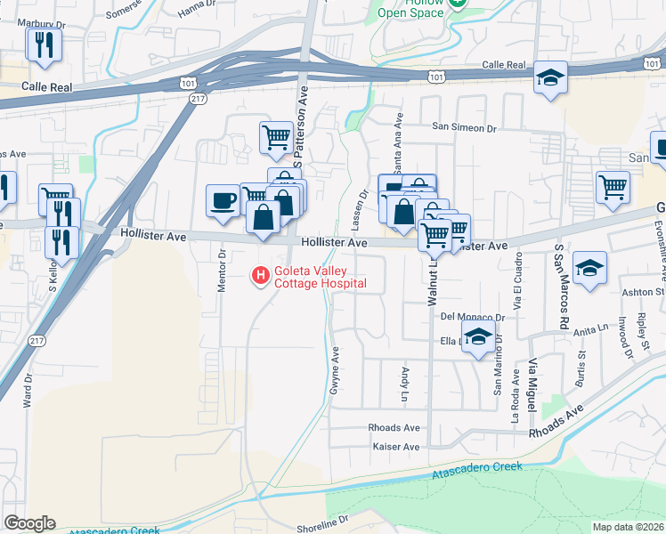 map of restaurants, bars, coffee shops, grocery stores, and more near 5260 Plaza Aleman in Santa Barbara