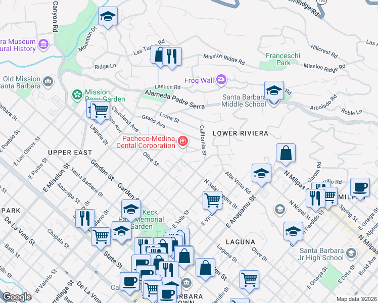 map of restaurants, bars, coffee shops, grocery stores, and more near 601 East Micheltorena Street in Santa Barbara