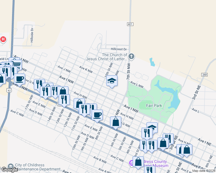 map of restaurants, bars, coffee shops, grocery stores, and more near 902 Avenue J Northwest in Childress
