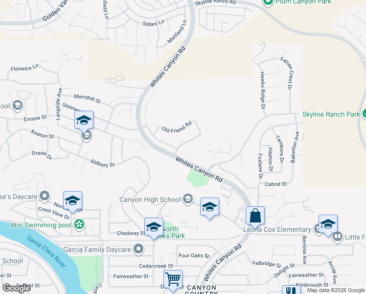 map of restaurants, bars, coffee shops, grocery stores, and more near 28056 Wildwind Road in Santa Clarita