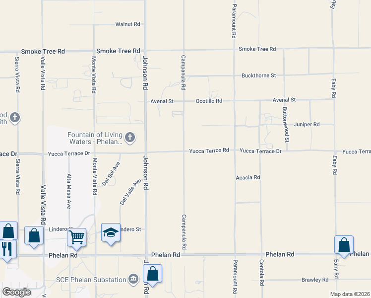 map of restaurants, bars, coffee shops, grocery stores, and more near 10142 Campanula Road in Phelan