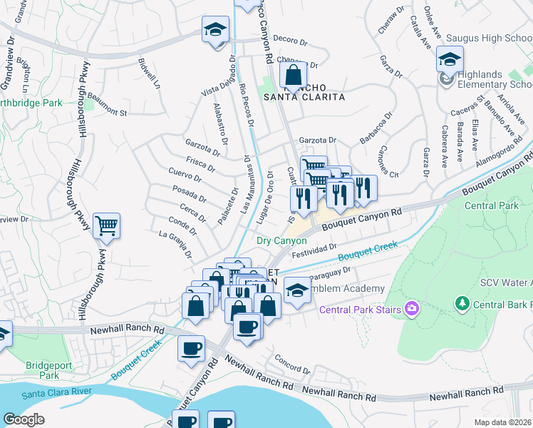 map of restaurants, bars, coffee shops, grocery stores, and more near 26834 Lugar De Oro Drive in Santa Clarita