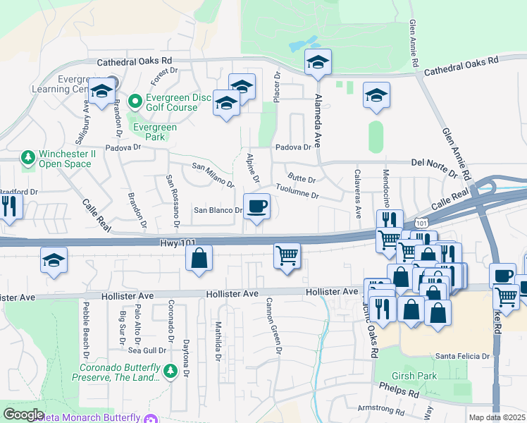 map of restaurants, bars, coffee shops, grocery stores, and more near 7386 Calle Real in Goleta