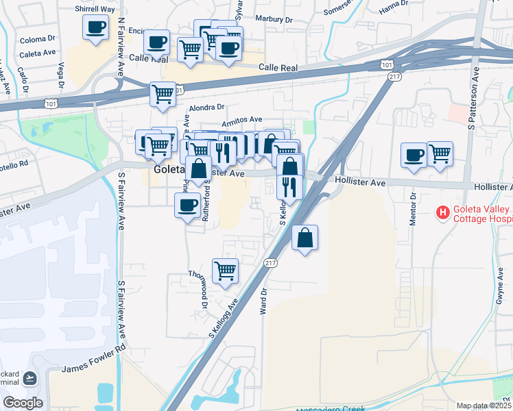 map of restaurants, bars, coffee shops, grocery stores, and more near 345 Kellogg Way in Goleta