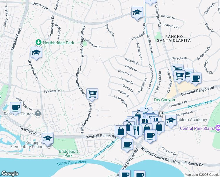 map of restaurants, bars, coffee shops, grocery stores, and more near 23030 Conde Drive in Santa Clarita