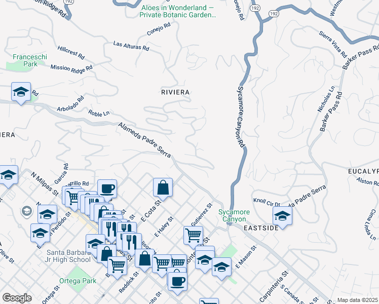 map of restaurants, bars, coffee shops, grocery stores, and more near 612 Holmcrest Road in Santa Barbara