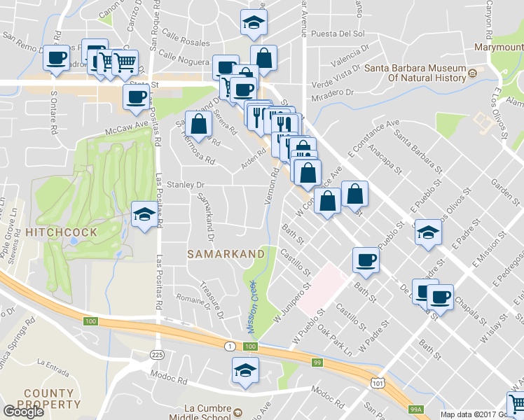 map of restaurants, bars, coffee shops, grocery stores, and more near 2729 Vernon Road in Santa Barbara