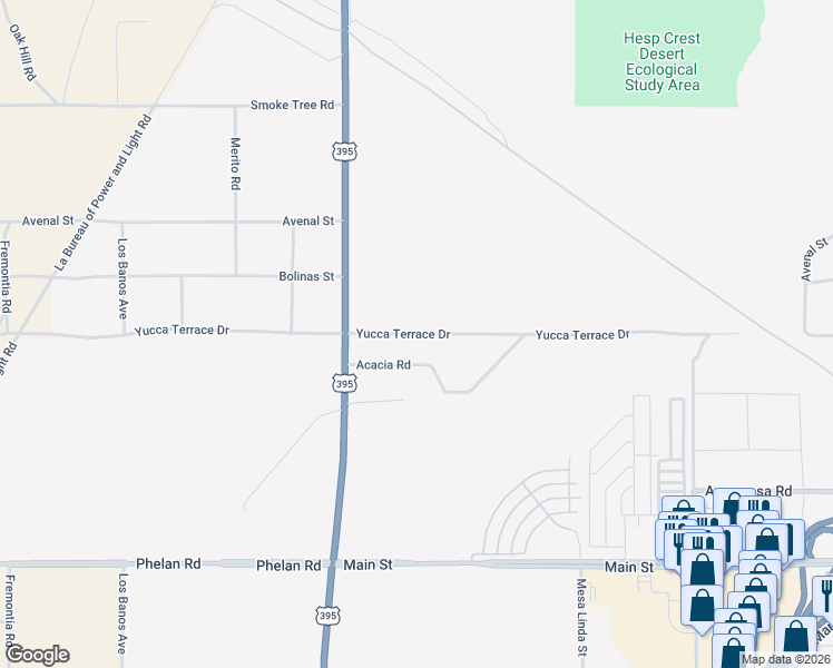 map of restaurants, bars, coffee shops, grocery stores, and more near 12101-12299 Yucca Terrace Dr in Hesperia