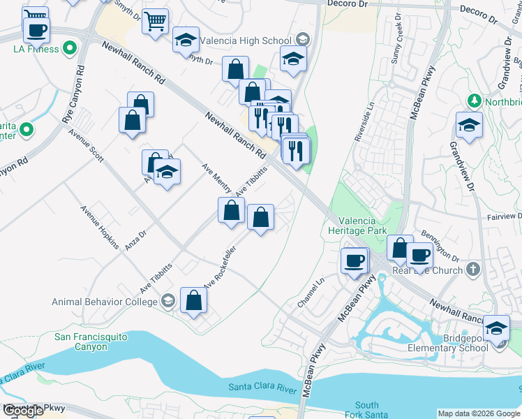 map of restaurants, bars, coffee shops, grocery stores, and more near 27510 Avenue Mentry in Santa Clarita