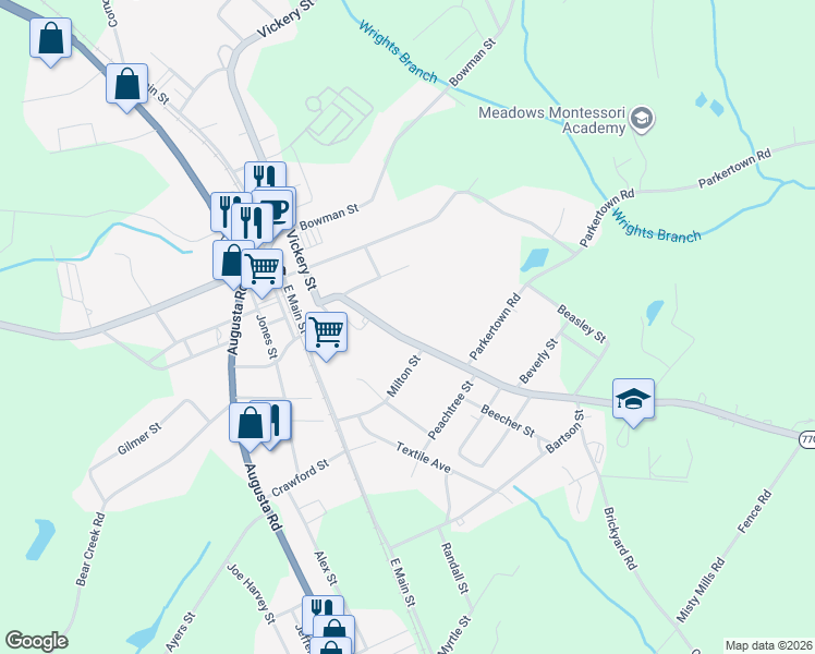 map of restaurants, bars, coffee shops, grocery stores, and more near 221 Hartwell Road in Lavonia