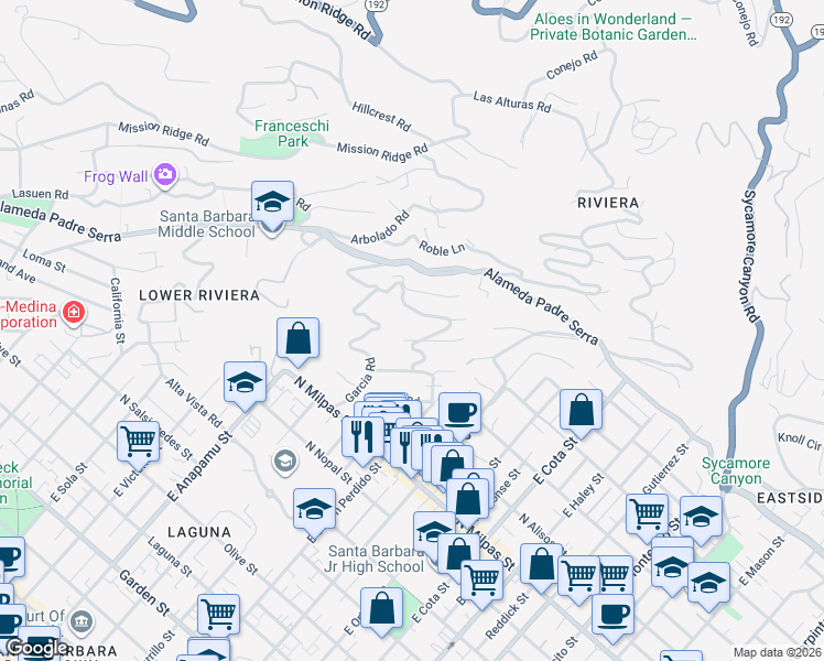 map of restaurants, bars, coffee shops, grocery stores, and more near 908 Paseo Ferrelo in Santa Barbara