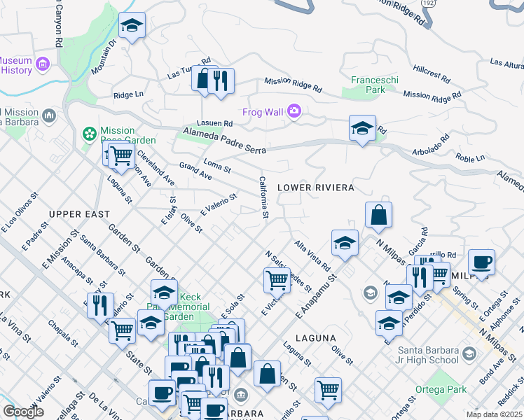 map of restaurants, bars, coffee shops, grocery stores, and more near 601 East Micheltorena Street in Santa Barbara